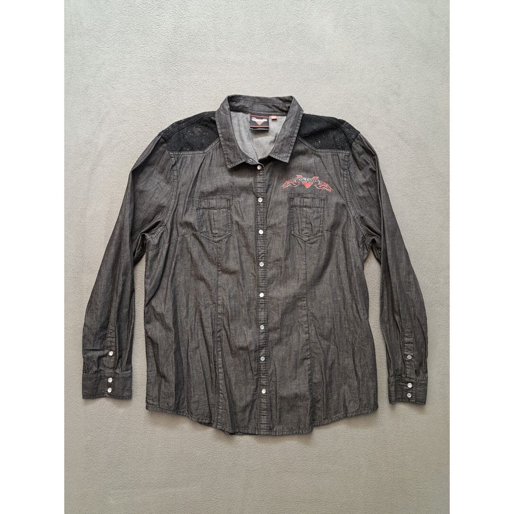 Victory Motorcycle Pearl Snap Button Up Long Sleeve Shirt Womens 3XL Black